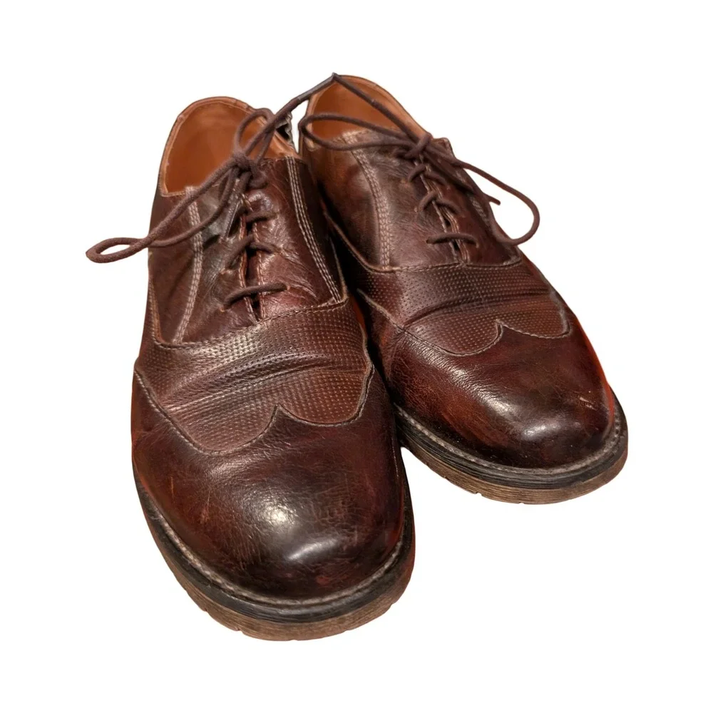Bed Stu Mens Brown Distressed Leather Wingtip Oxford Shoes Lug Sole Size 10‎